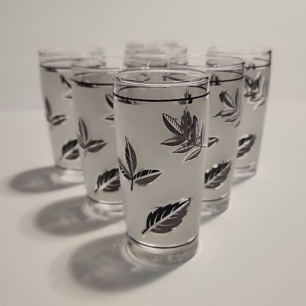 Libbey Vintage Frosted Tulip Silverleaf Set Of 7 4oz Juice Glasses